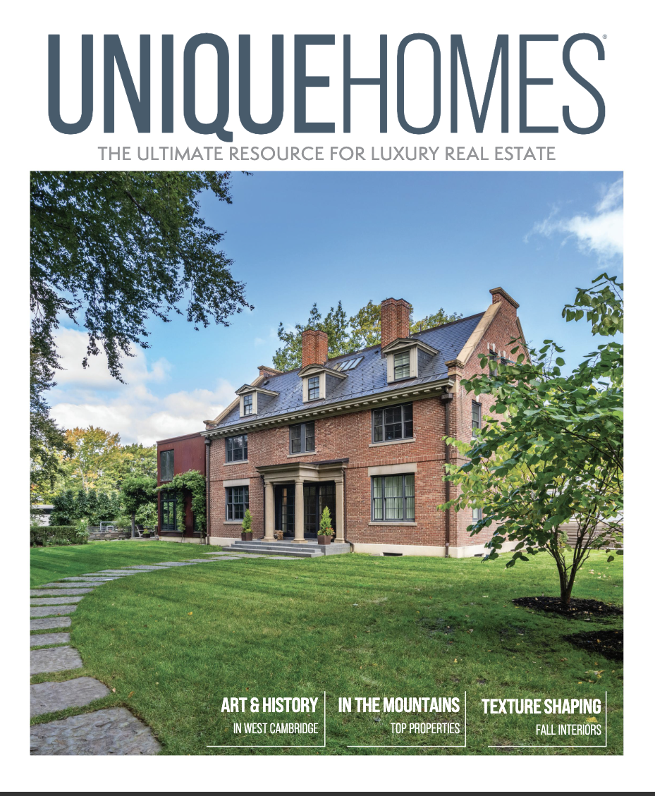 Fall 2025 cover of Unique Homes Magazine featuring a historic red-brick estate in West Cambridge, showcasing classic architecture and timeless design.